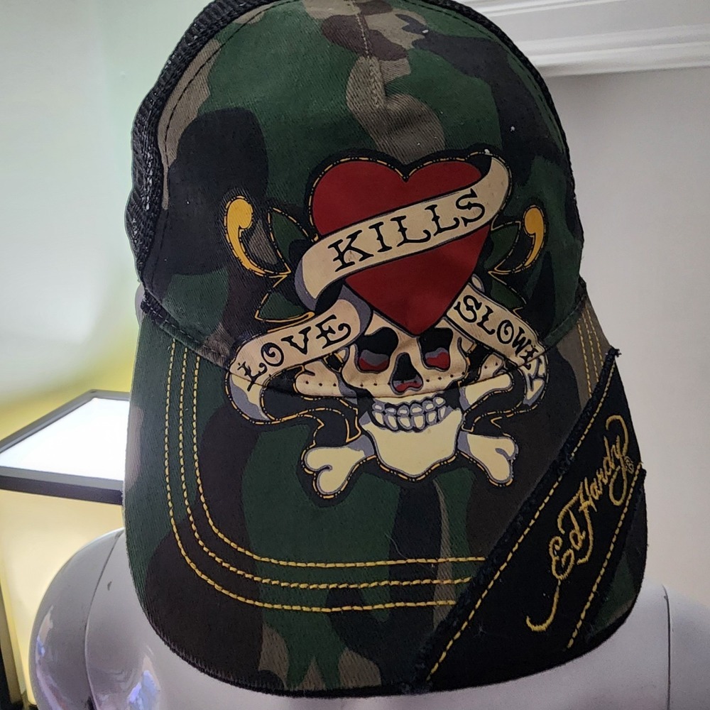 Ed Hardy Red Trucker Hat Mesh Green Adjustable One Size Skull Graphic - Picture 4 of 8